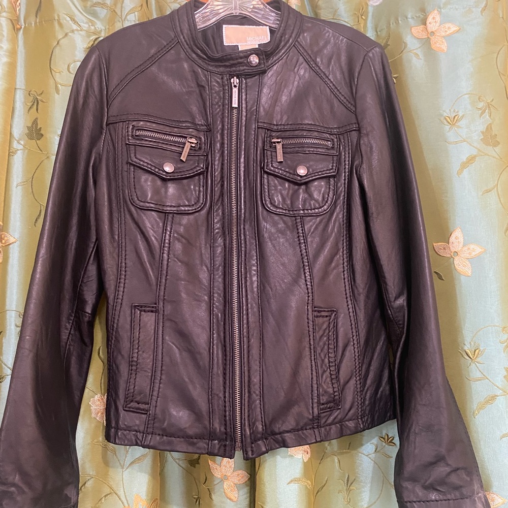 Black Leather Michael by Michael Kors Leather Jacker